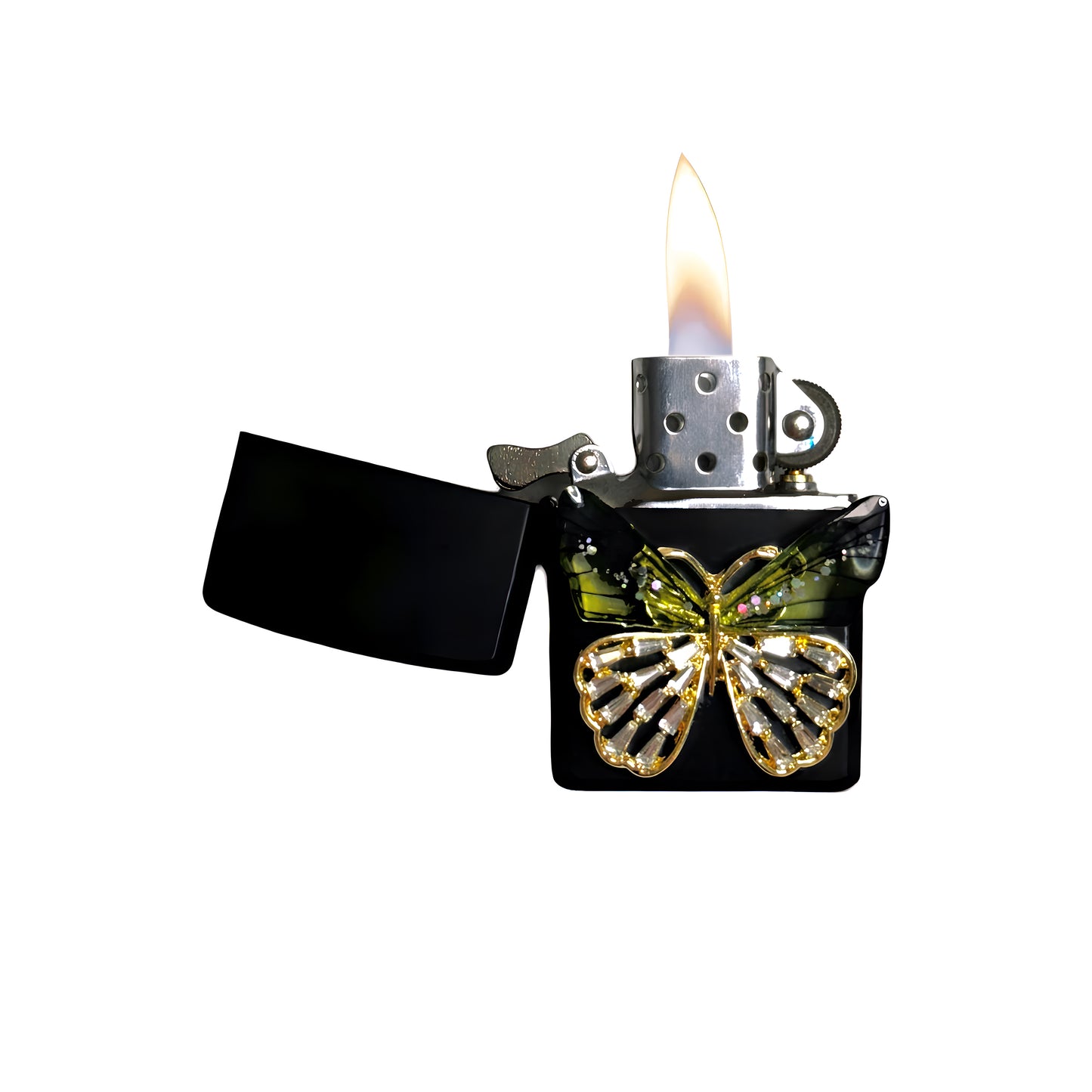 Black - Enchanted Green Butterfly Lighter - Regular Flame