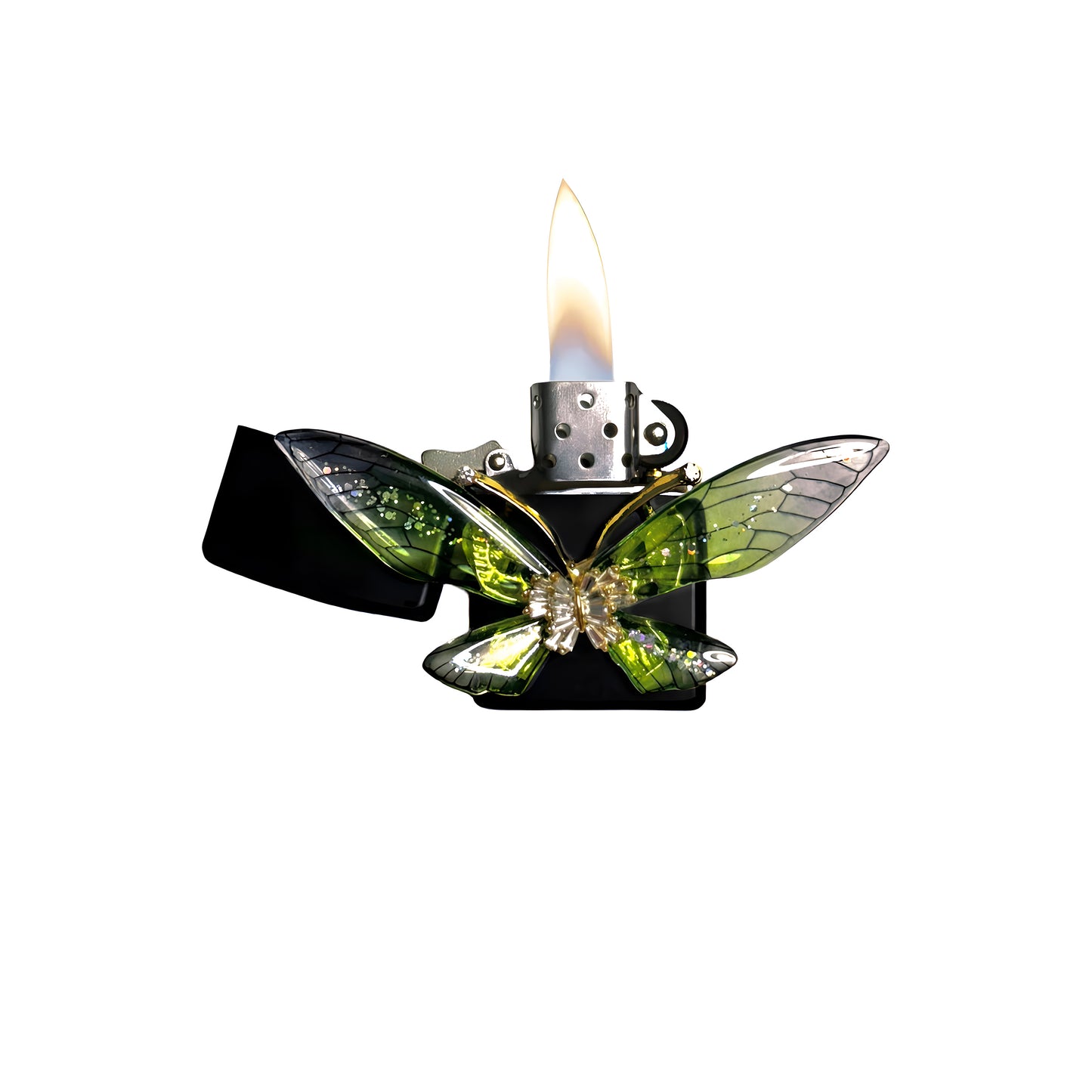 Black -  Enchanted Green Butterfly Lighter - Regular Flame