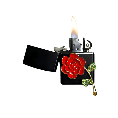 Black - Red Rose Lighter - Regular Flame