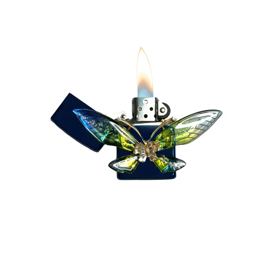 Blue Chrome - Enchanted Green Butterfly Lighter - Regular Flame