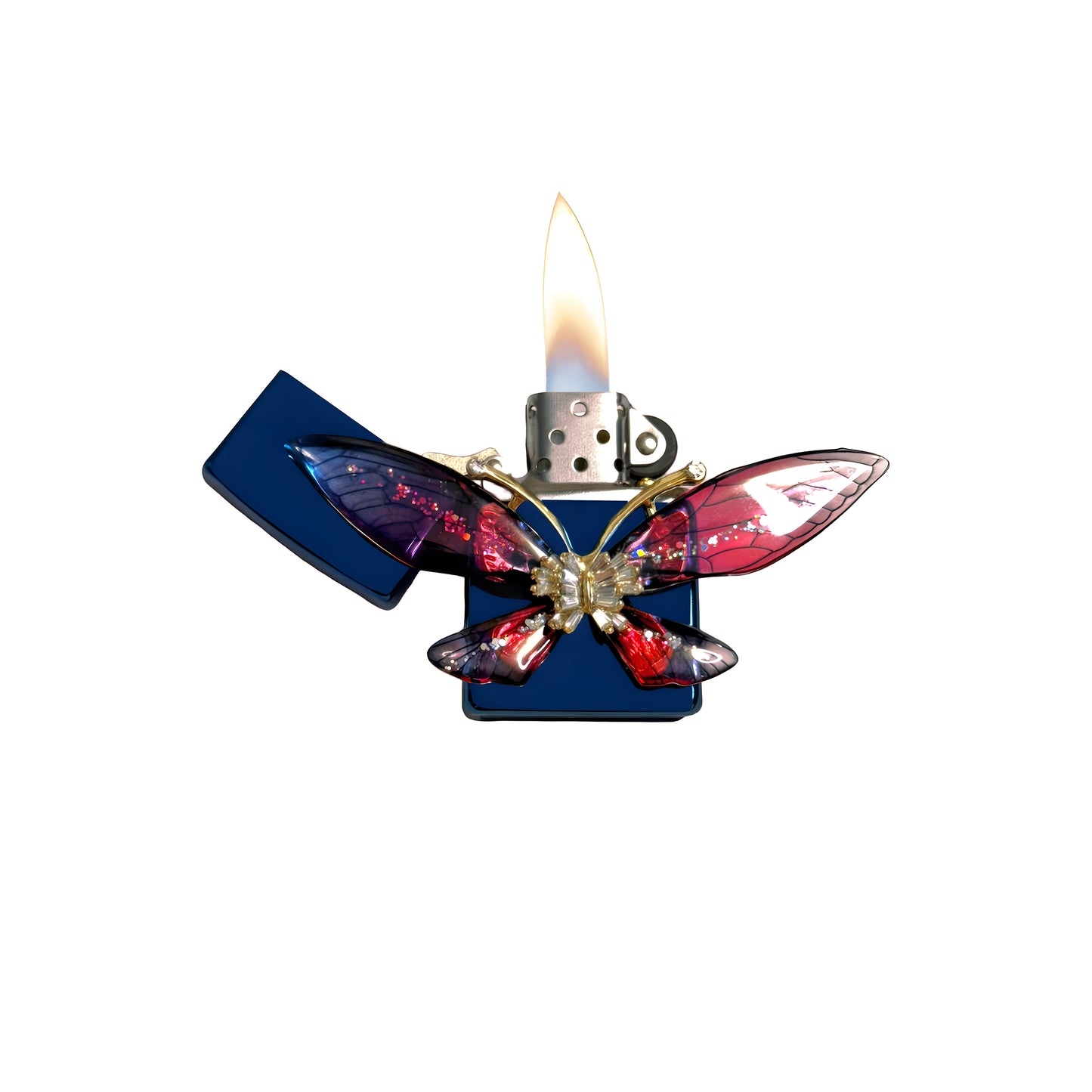 Blue Chrome - Enchanted Red Butterfly Lighter - Regular Flame