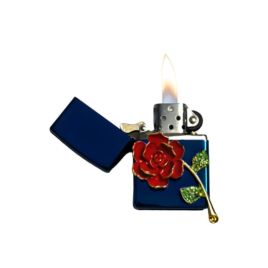 Blue Chrome - Red Rose Lighter - Regular Flame