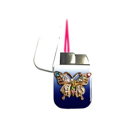 Jet Blue White - Ornate Butterfly  Lighter - Pink Flame