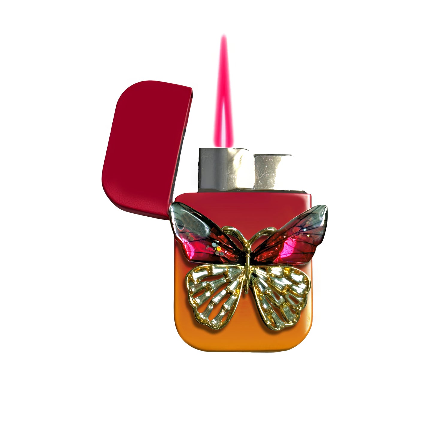 Jet Pink Orange - Mystic Red Butterfly Lighter - Pink Flame