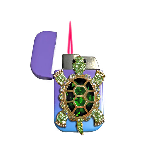 Jet Purple Blue - Elegant Green Turtle  Lighter - Pink Flame