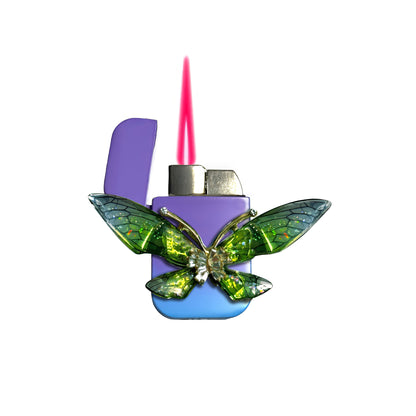 Jet Purple Blue - Enchanted Green Butterfly Lighter - Pink Flame