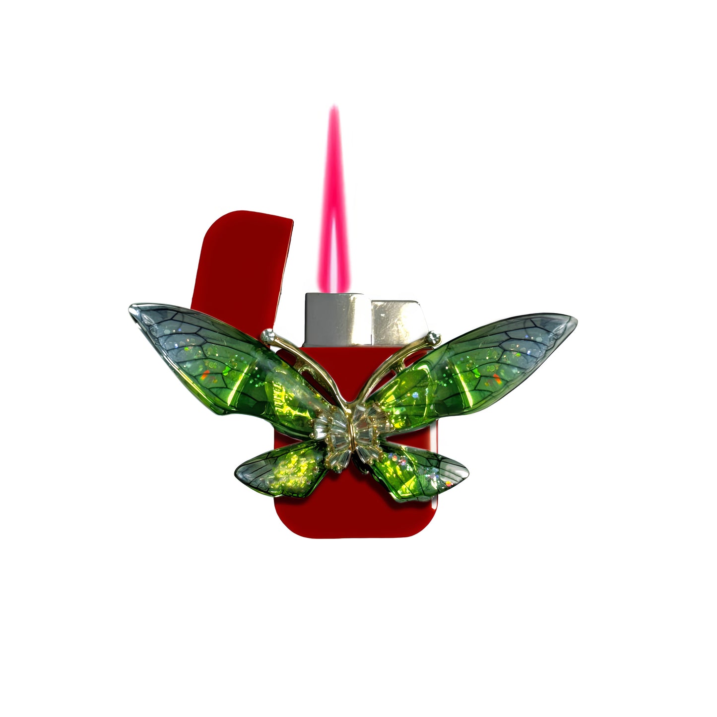 Jet Red - Enchanted Green Butterfly Lighter - Pink Flame