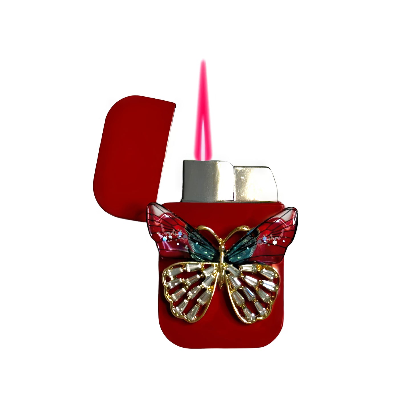 Jet Red - Mystic Green Butterfly Lighter - Pink Flame