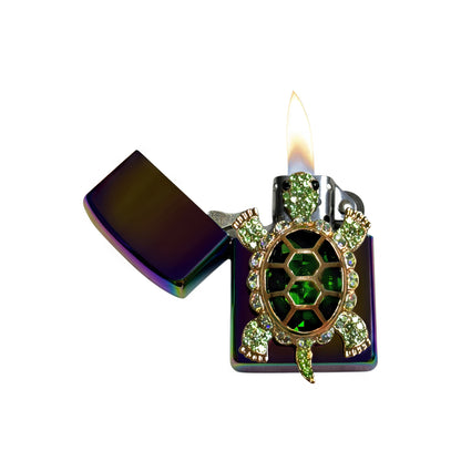 Midnight Chrome - Elegant Green Turtle Lighter - Regular Flame