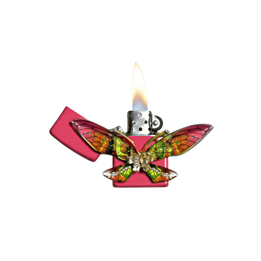 Pink - Enchanted Green Butterfly Lighter - Regular Flame