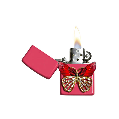 Pink - Enchanted Red Butterfly Lighter - Regular Flame