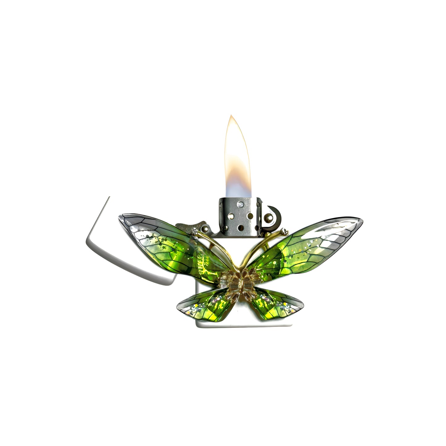 White - Enchanted Green Butterfly Lighter - Regular Flame