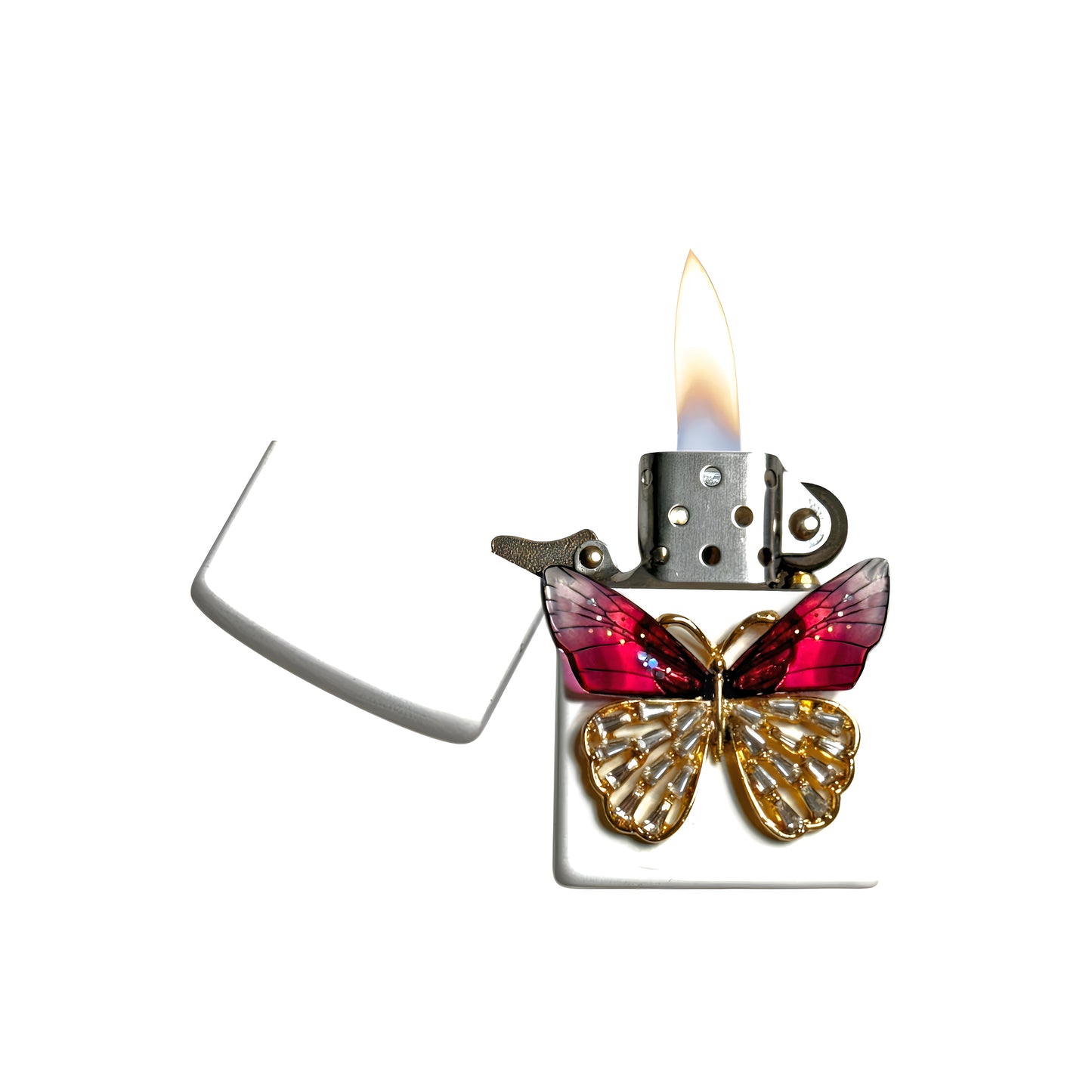 White - Enchanted Red Butterfly Lighter - Regular Flame