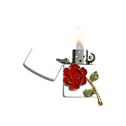 White - Red Rose Lighter - Regular Flame